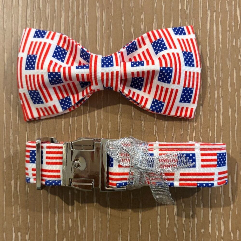 USA American Flag Collar and Bow Tie Cat Dog Set Medium Cotton New